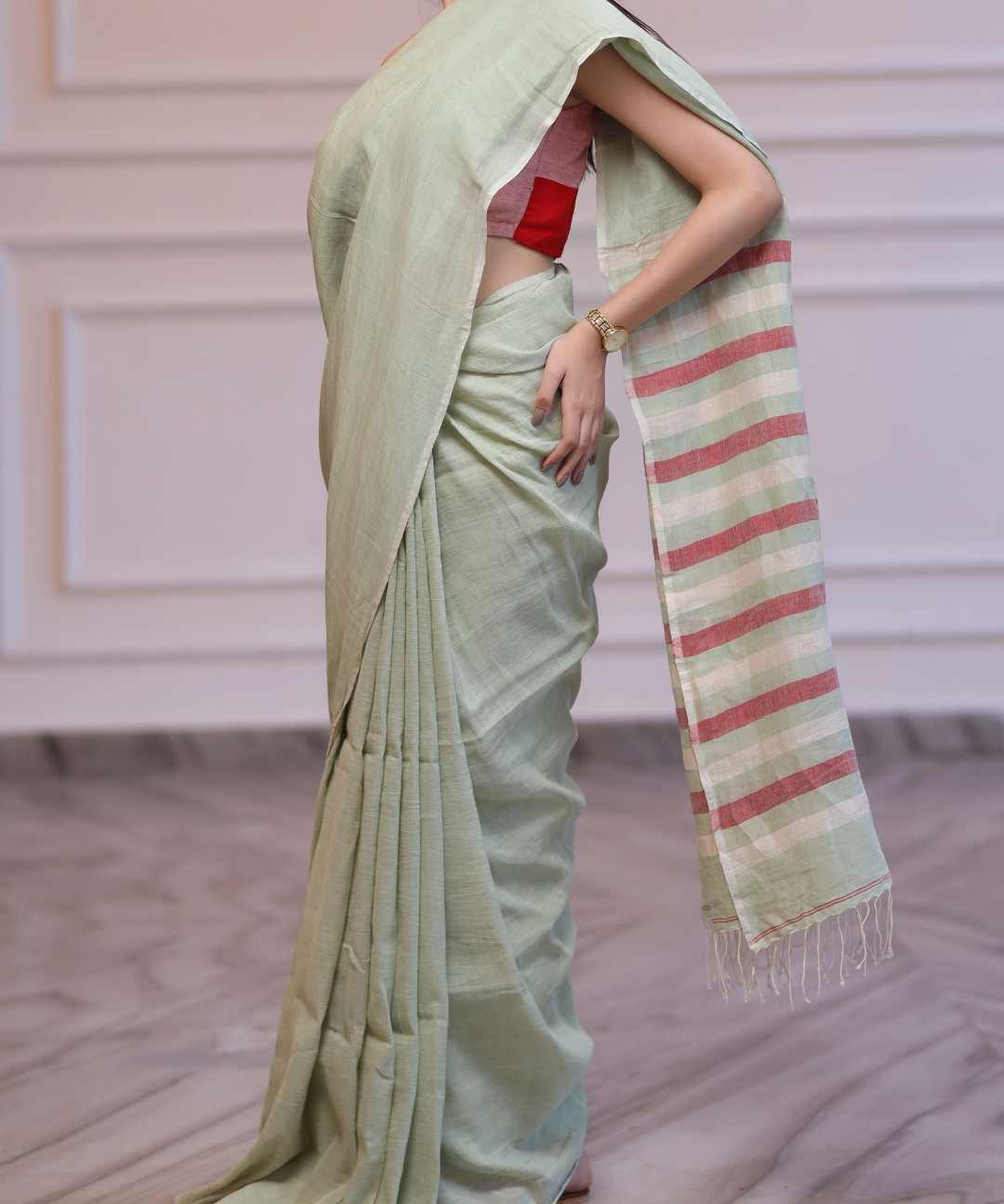Sage green handwoven linen saree