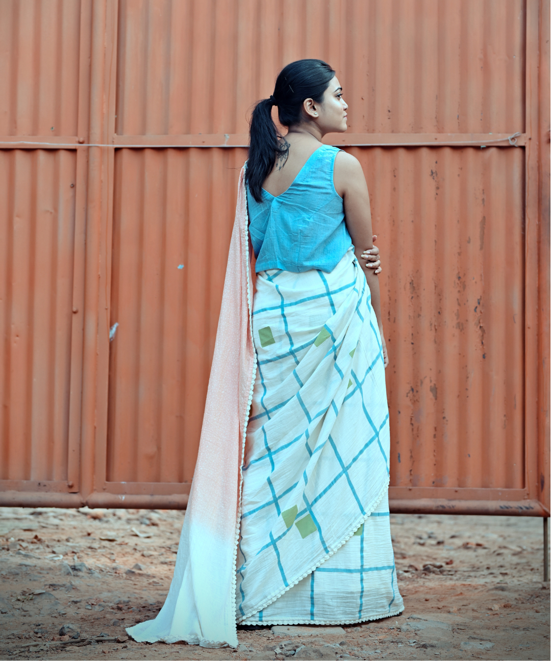 White peach blockprinted fine cotton saree