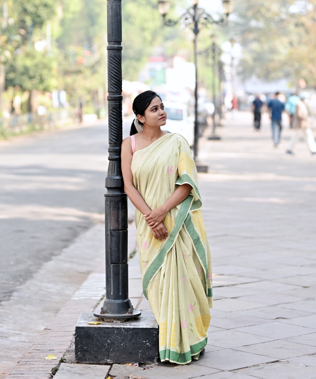 Sage green blockprinted fine cotton saree