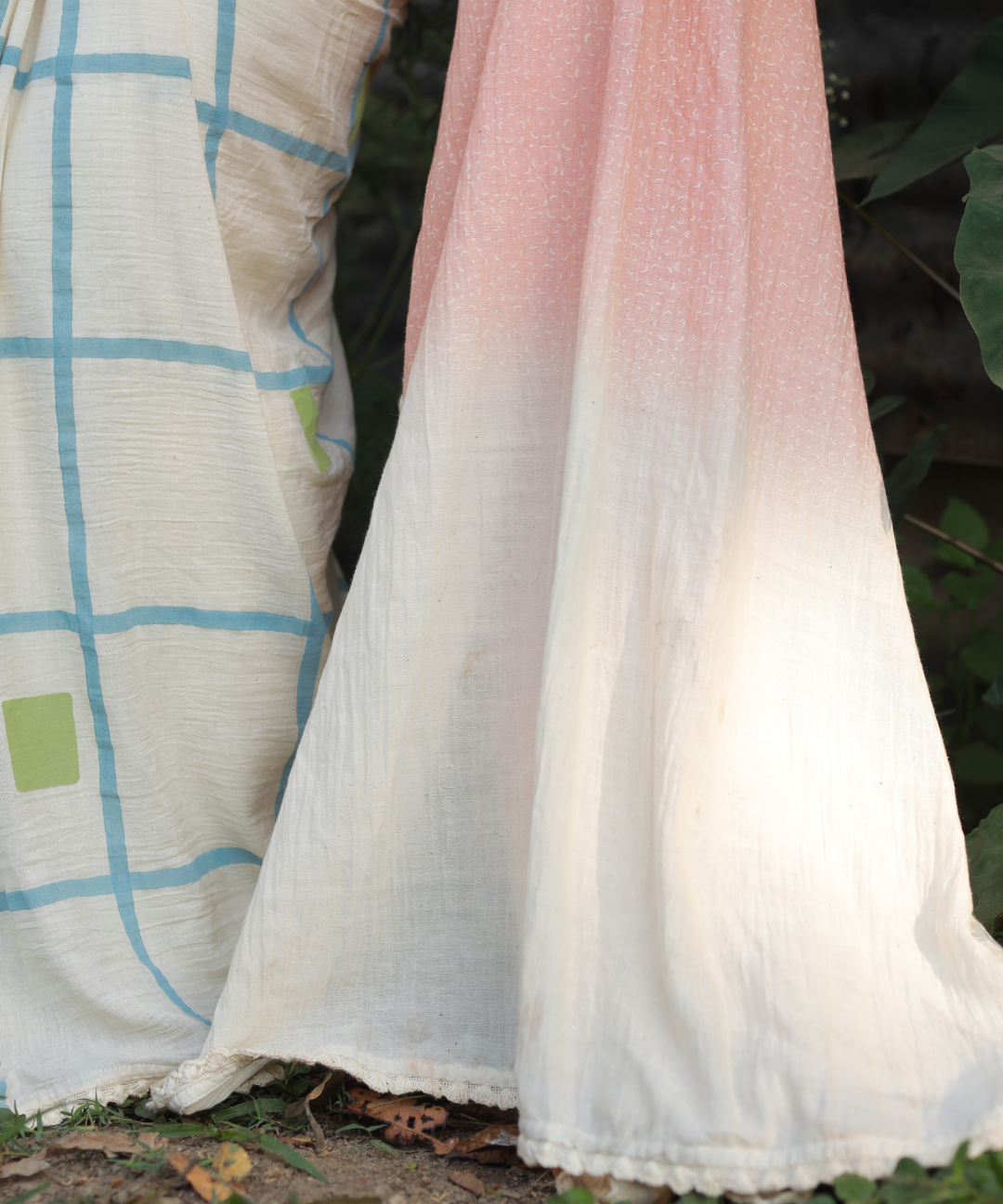 White peach blockprinted fine cotton saree