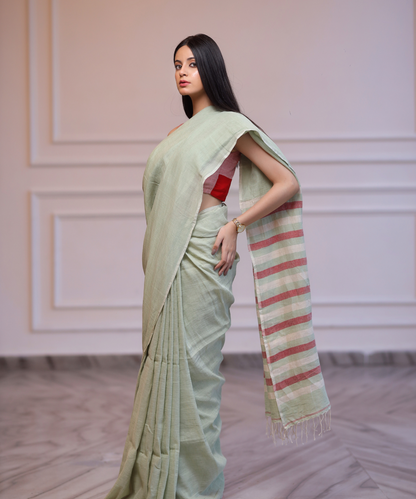 Sage green handwoven linen saree