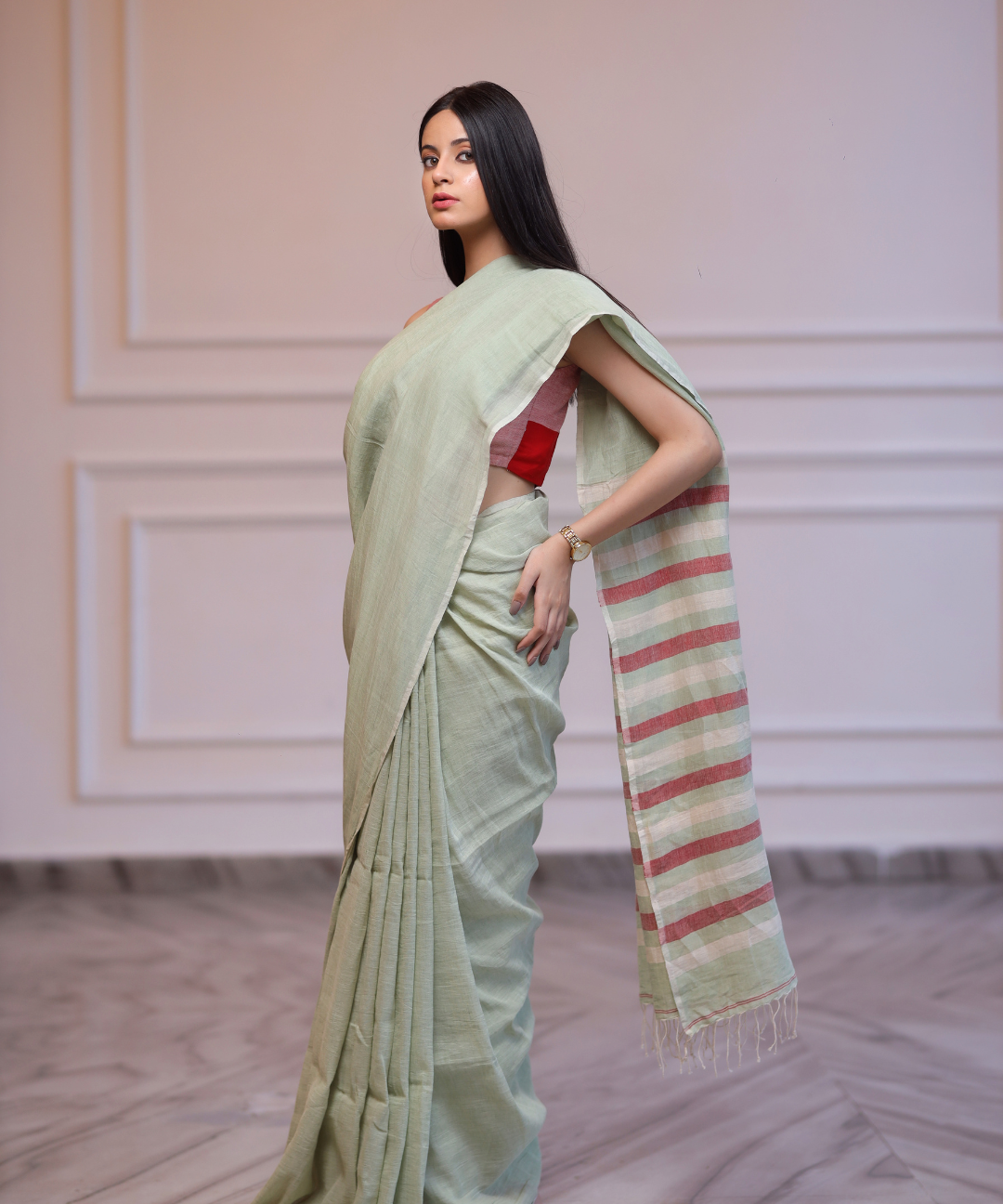 Sage green handwoven linen saree