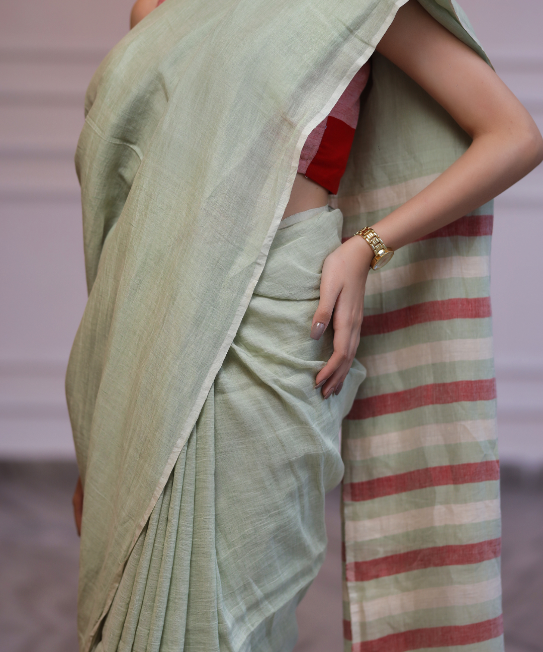 Sage green handwoven linen saree