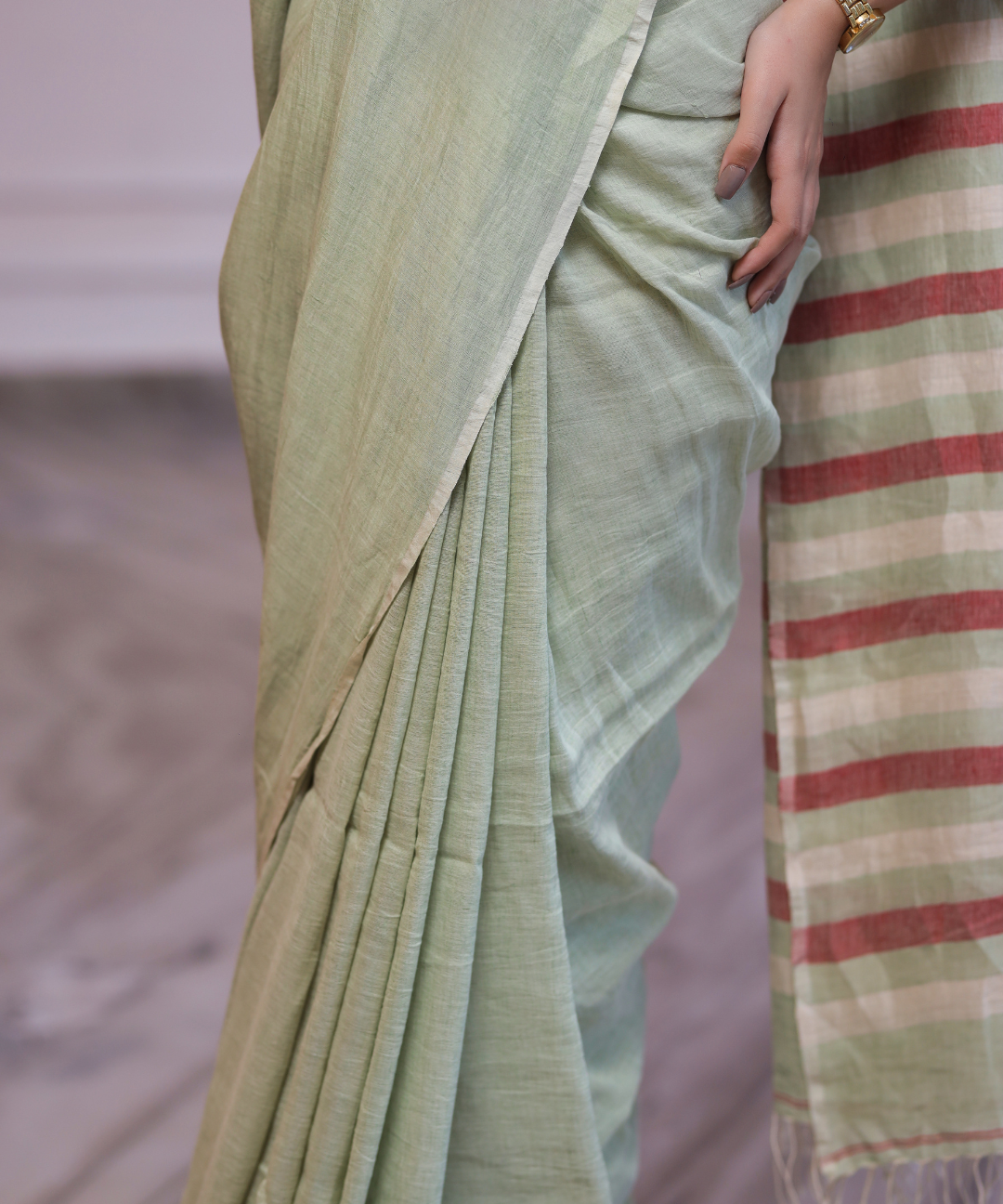 Sage green handwoven linen saree