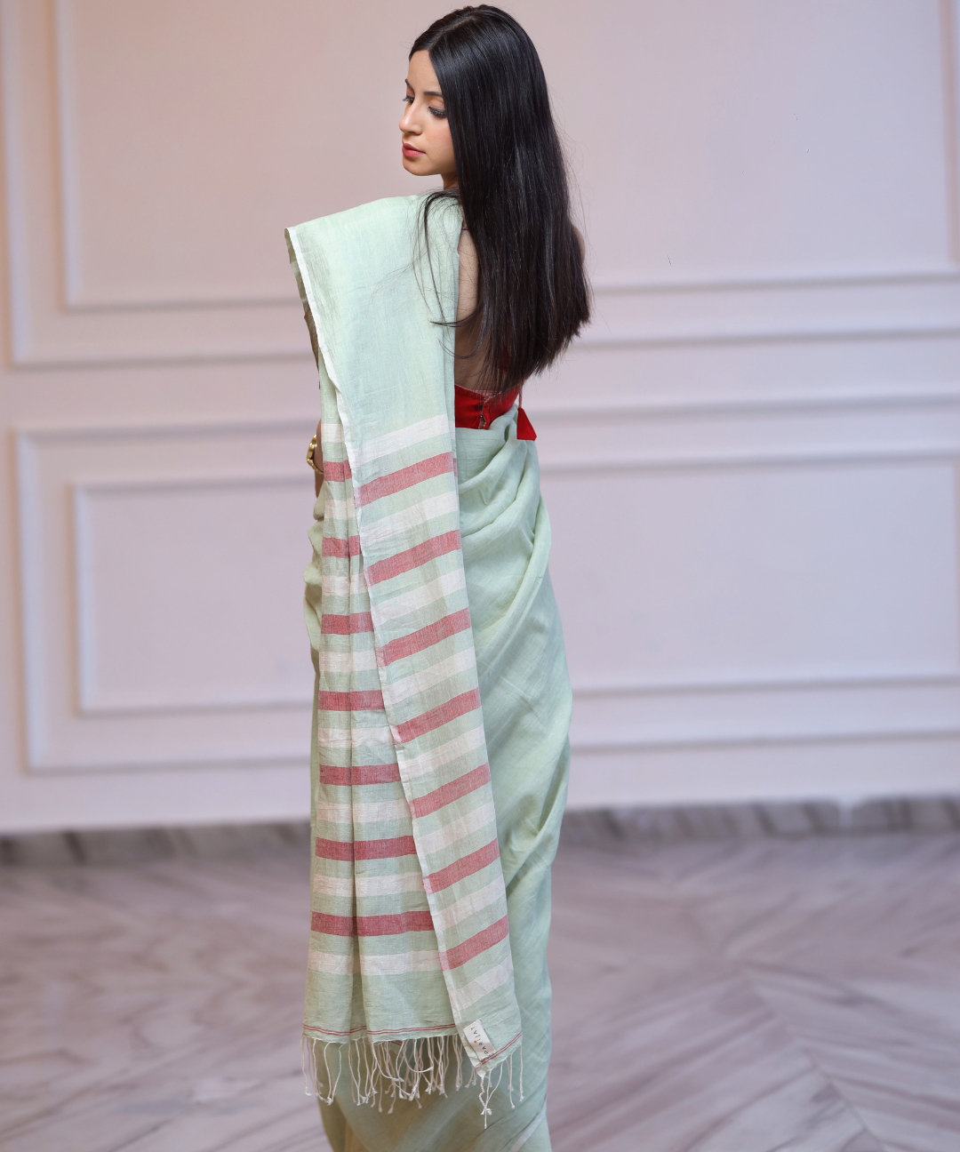 Sage green handwoven linen saree