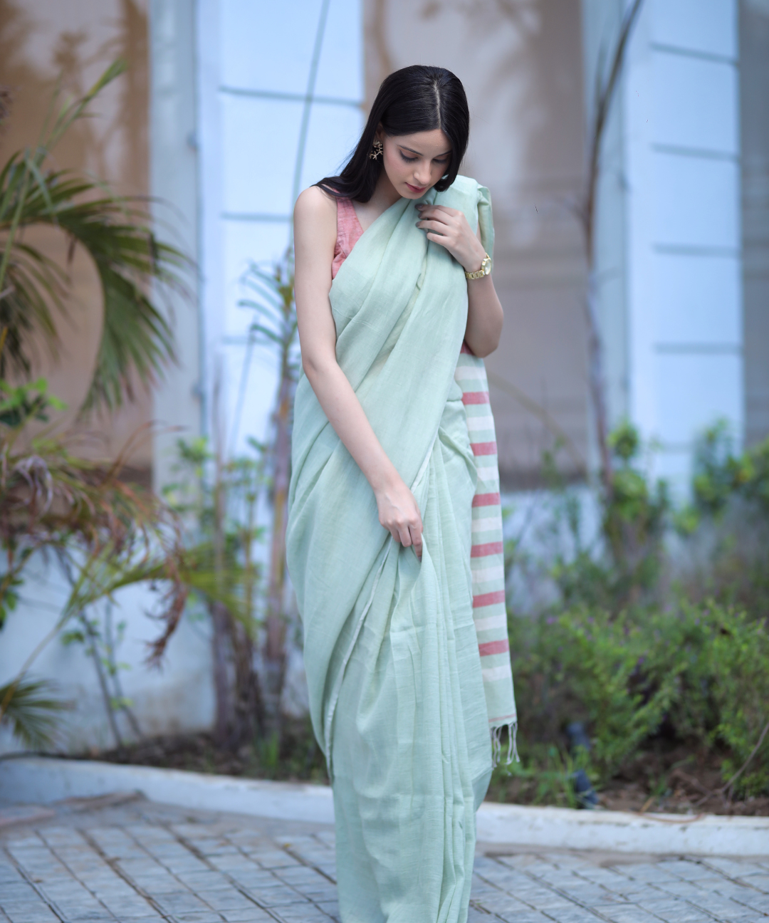Sage green handwoven linen saree