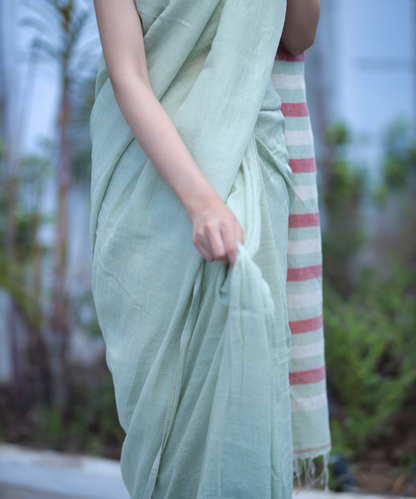 Sage green handwoven linen saree