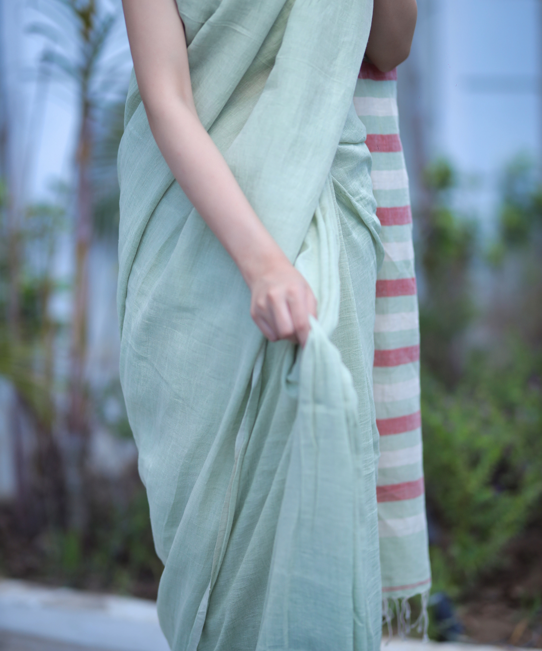 Sage green handwoven linen saree