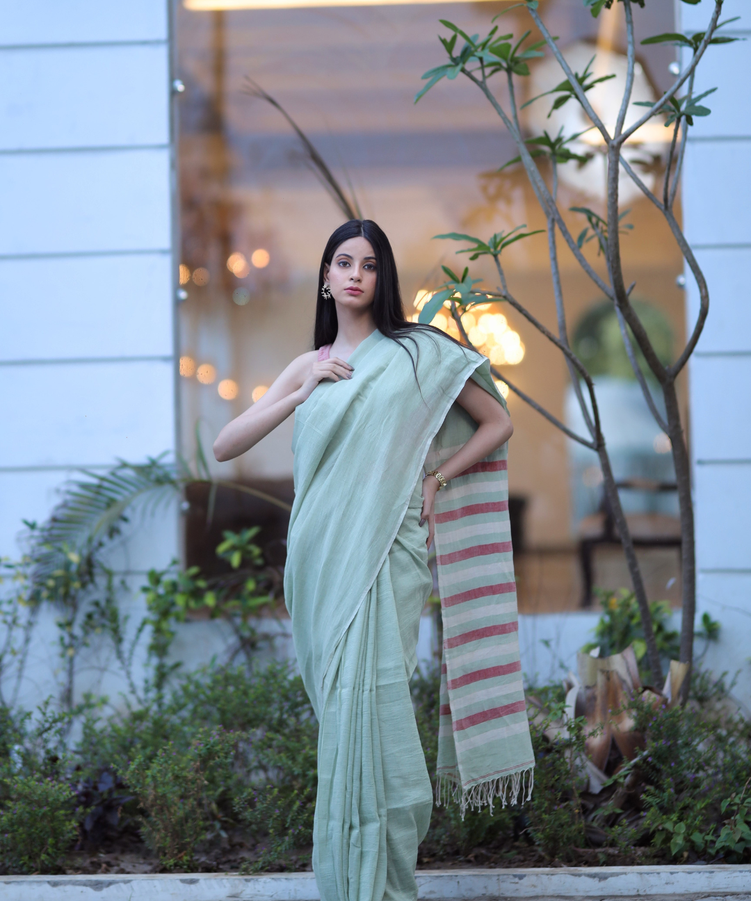 Sage green handwoven linen saree