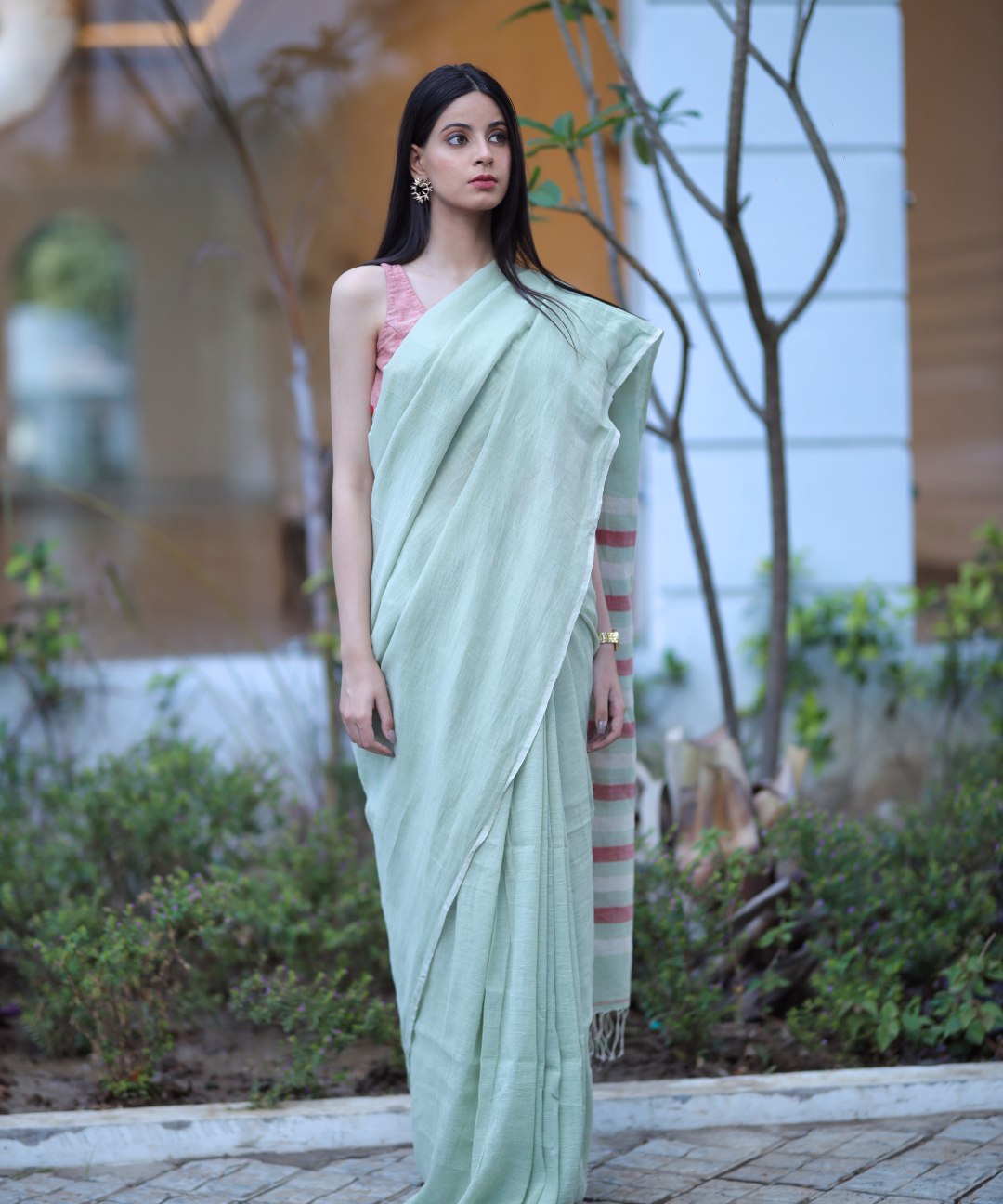 Sage green handwoven linen saree