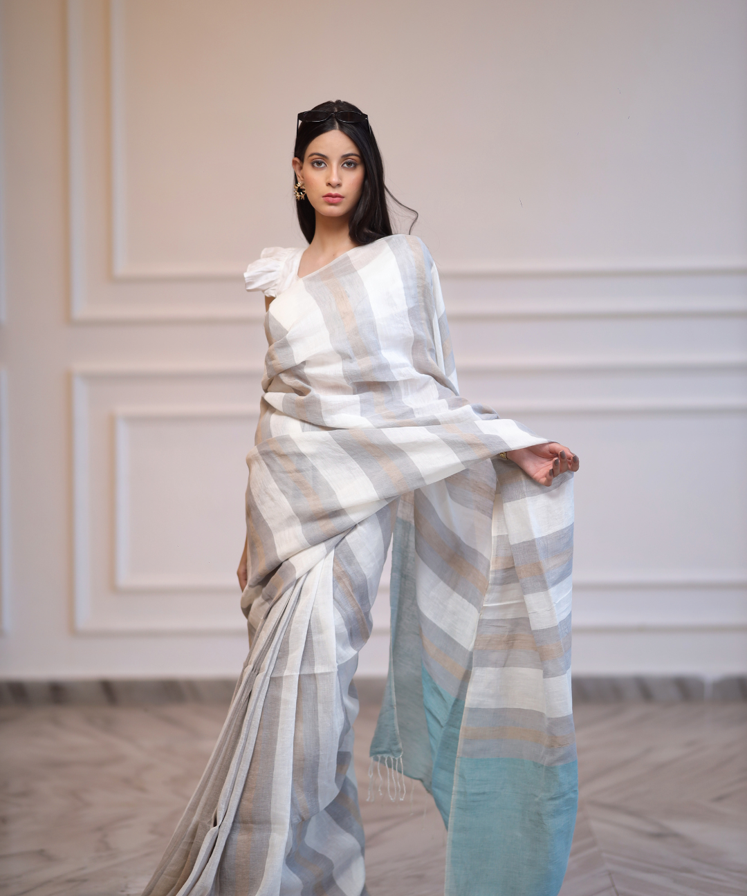 White grey striped handwoven linen saree