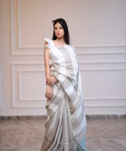 White grey striped handwoven linen saree