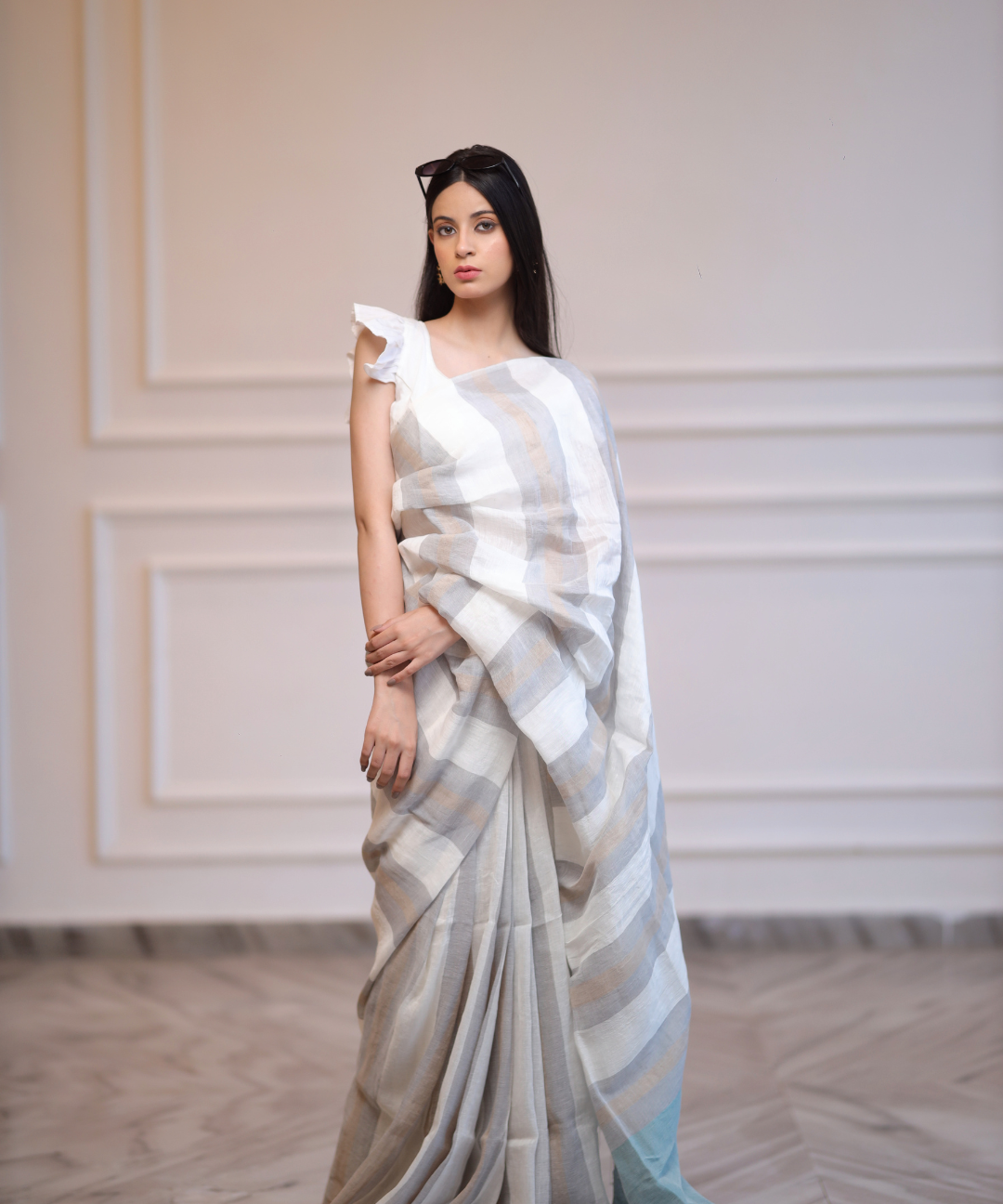 White grey striped handwoven linen saree