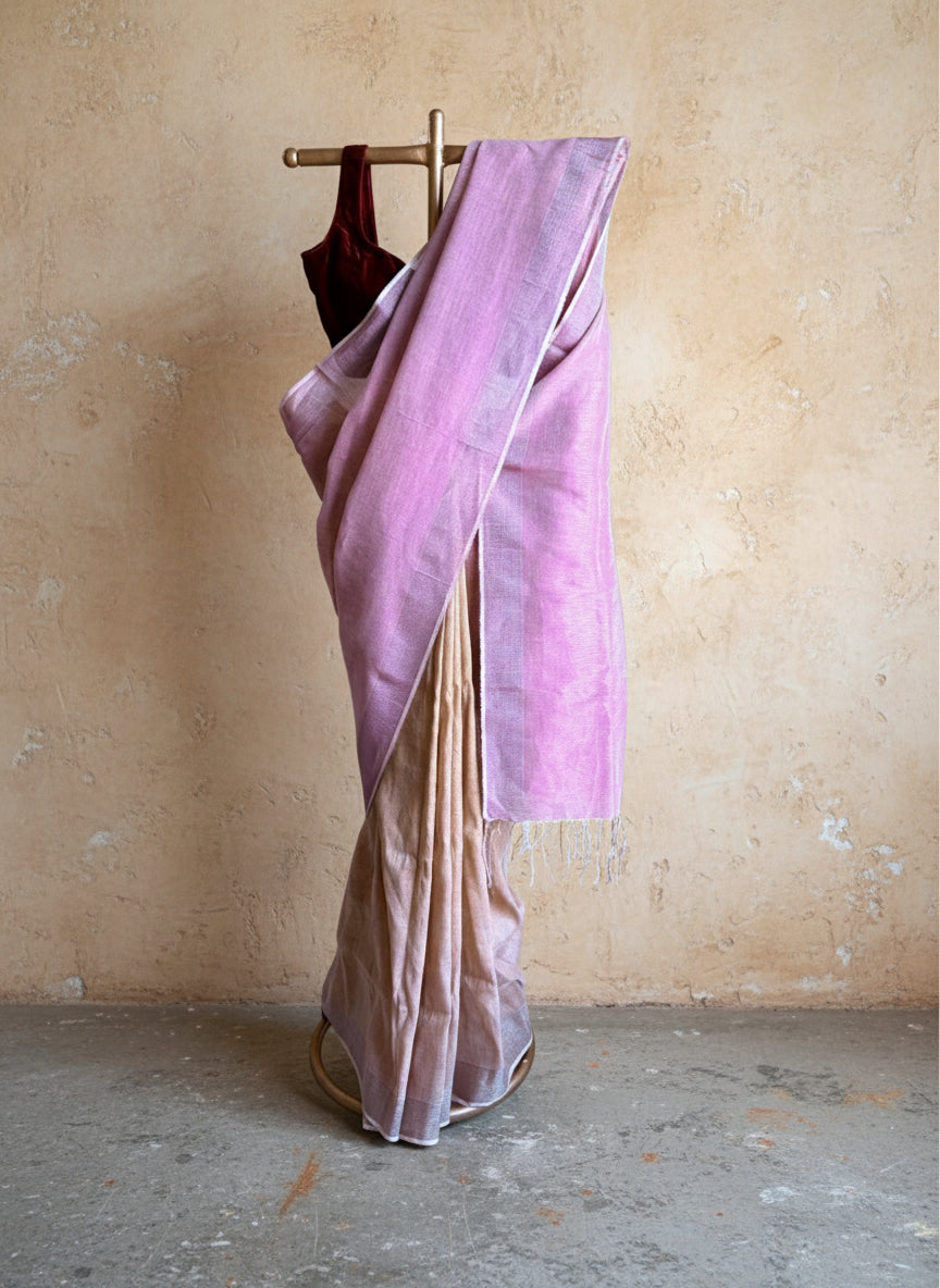 Pink beige handwoven linen saree