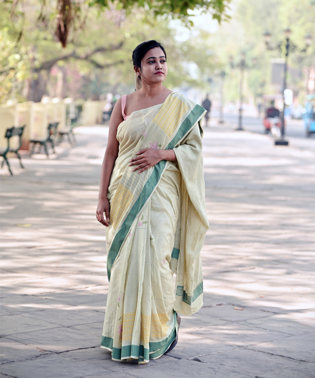 Sage green blockprinted fine cotton saree