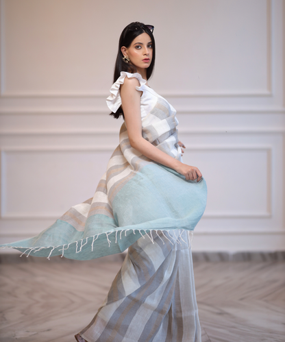 White grey striped handwoven linen saree