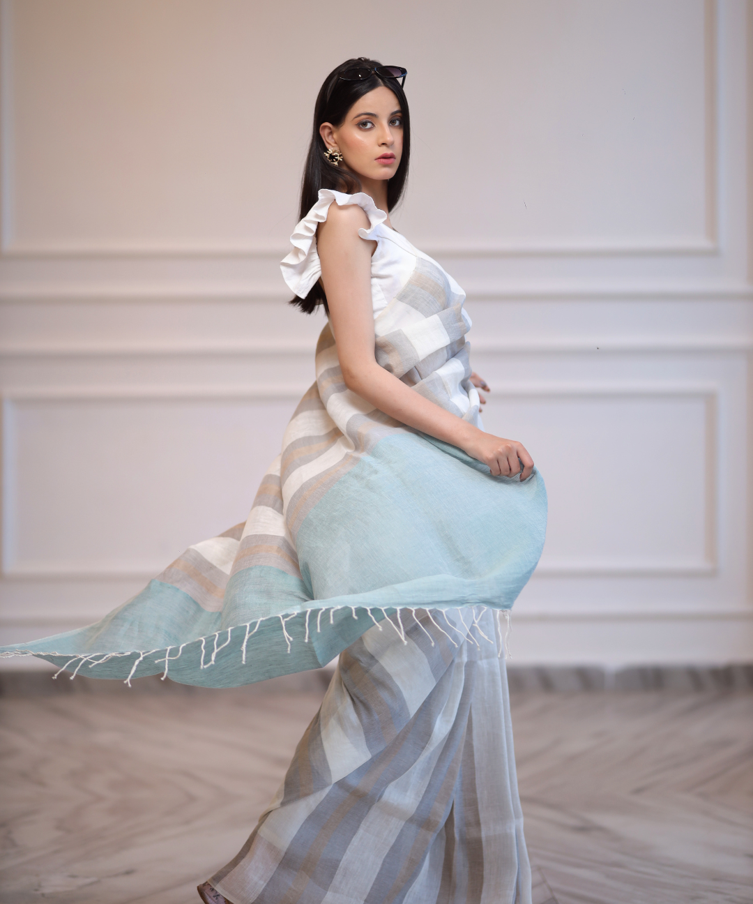 White grey striped handwoven linen saree