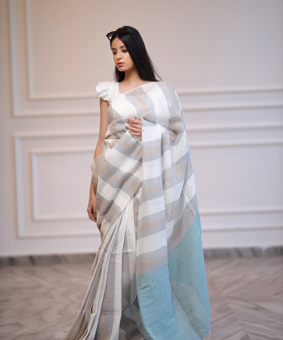 White grey striped handwoven linen saree