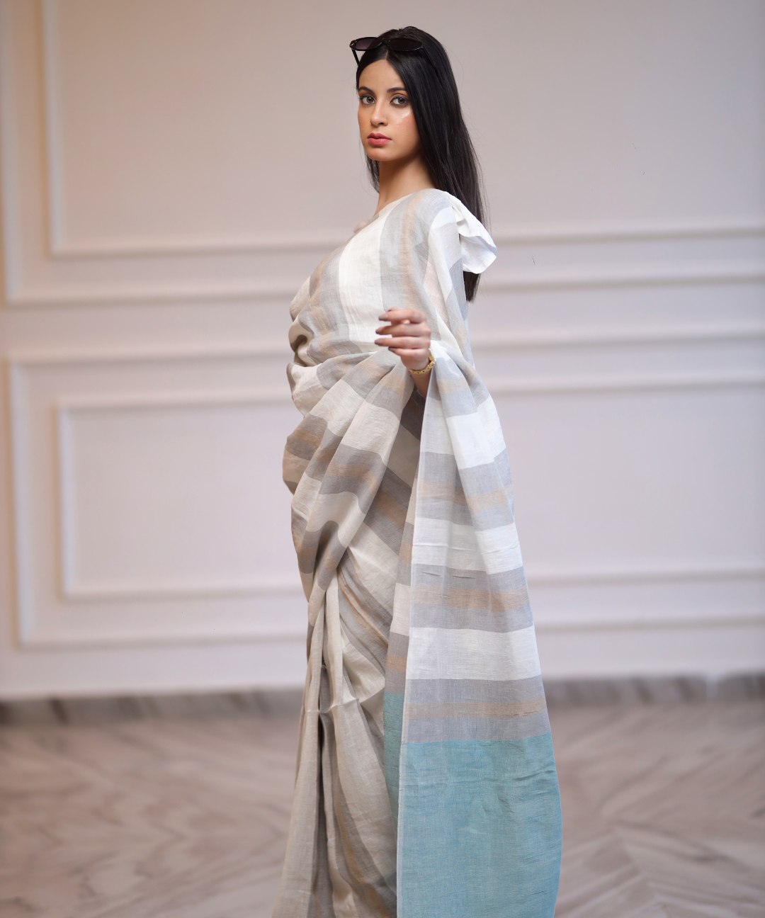 White grey striped handwoven linen saree