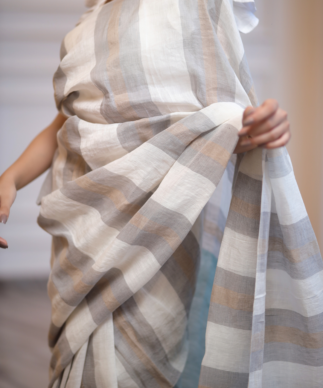 White grey striped handwoven linen saree