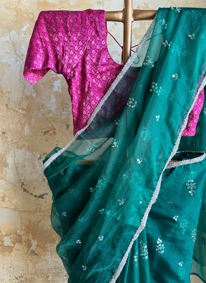 Green organza saree