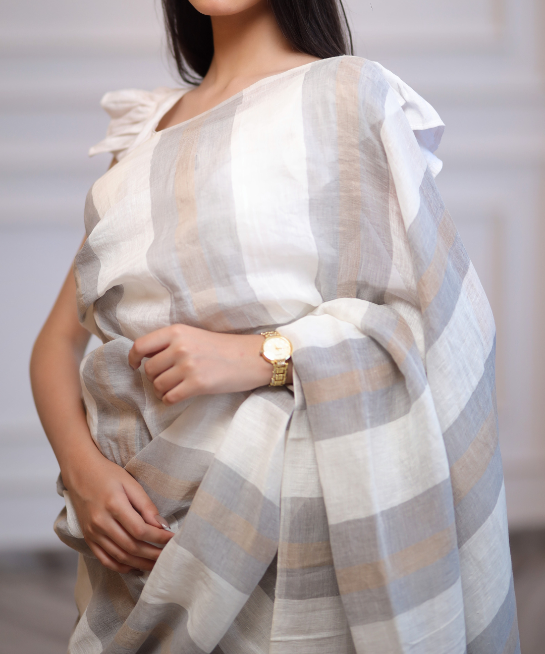 White grey striped handwoven linen saree