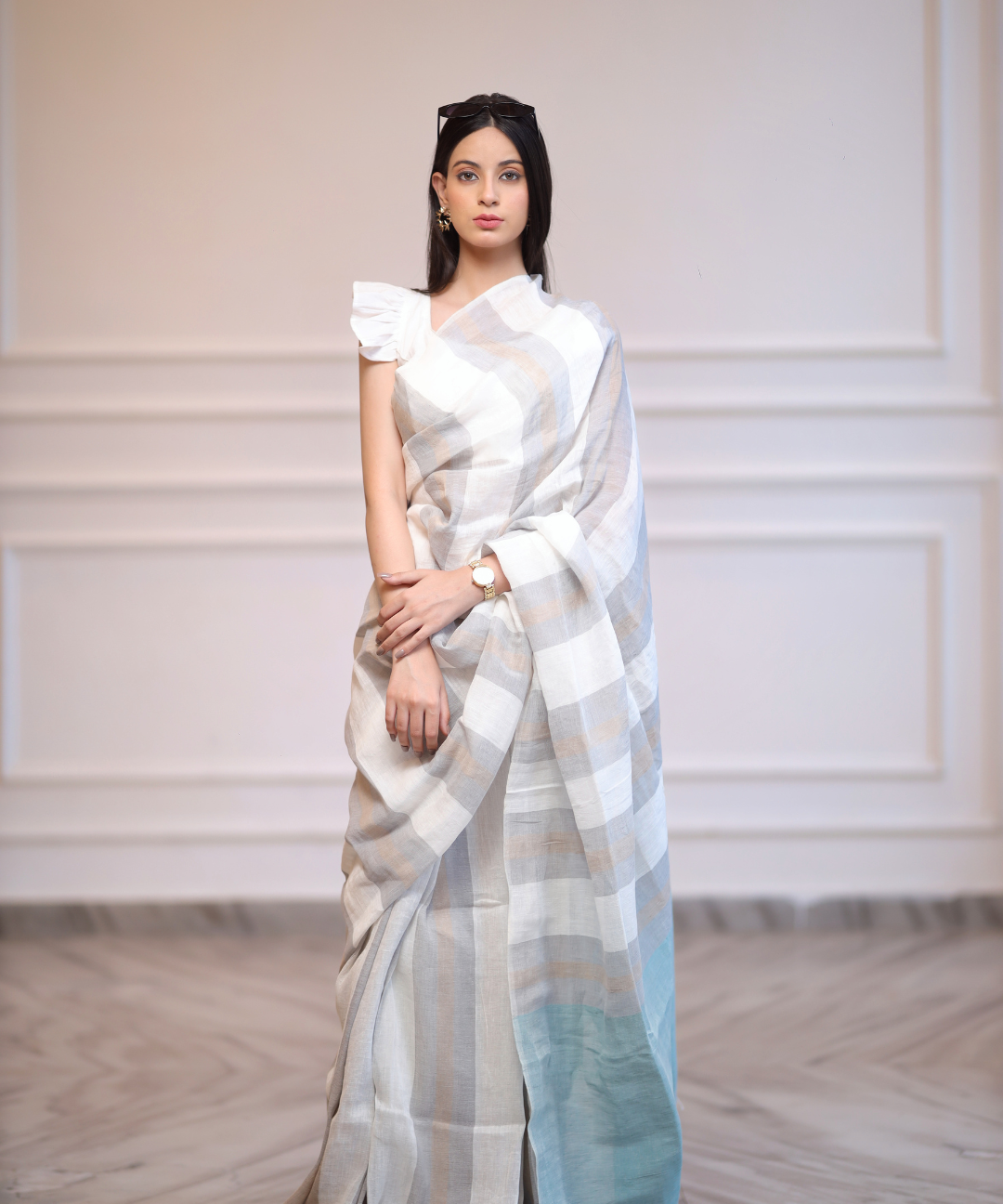 White grey striped handwoven linen saree