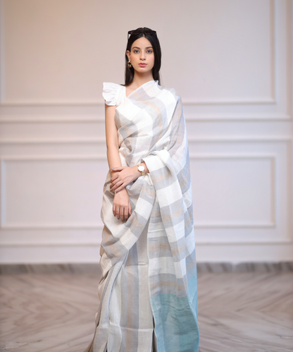 White grey striped handwoven linen saree