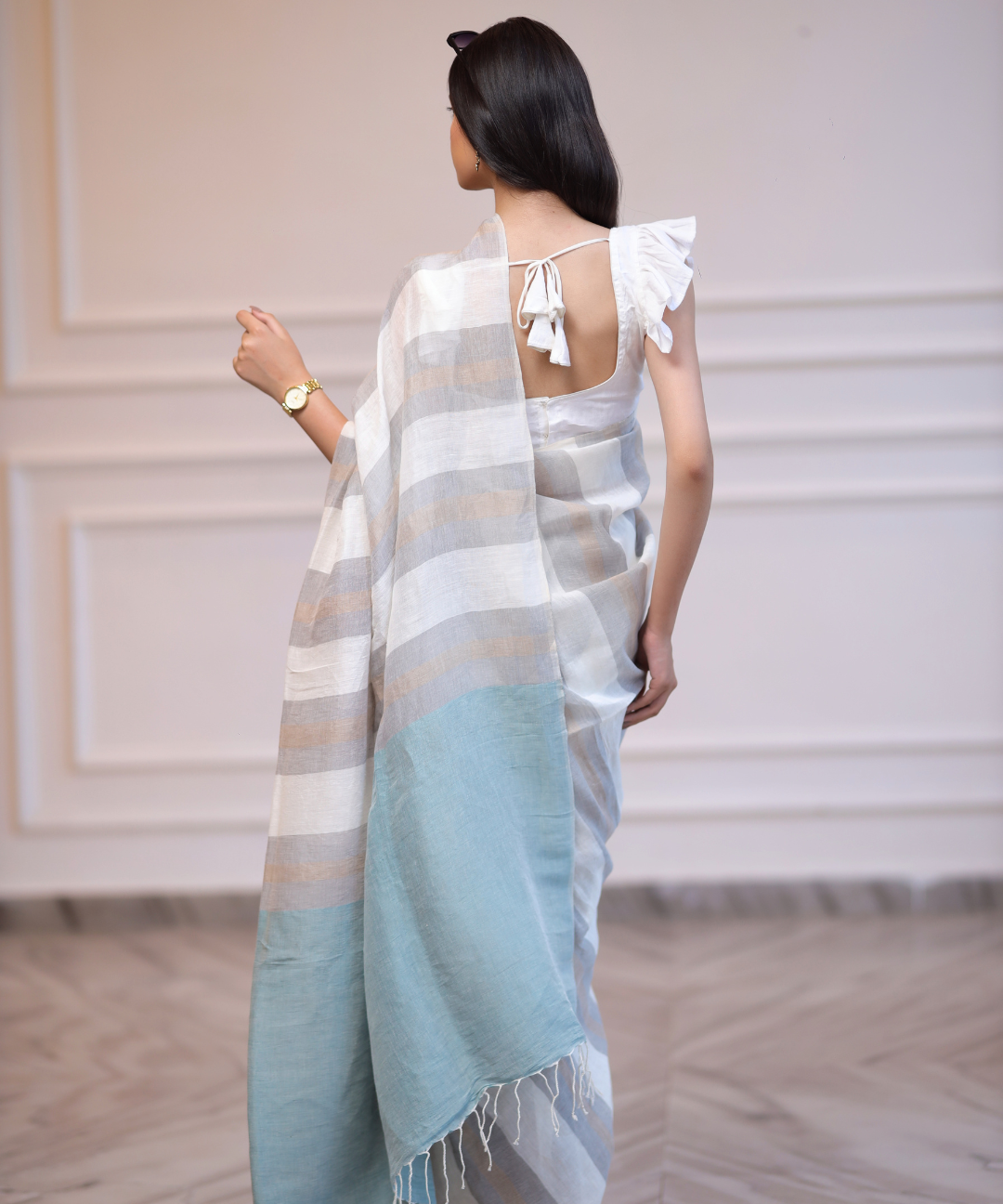 White grey striped handwoven linen saree