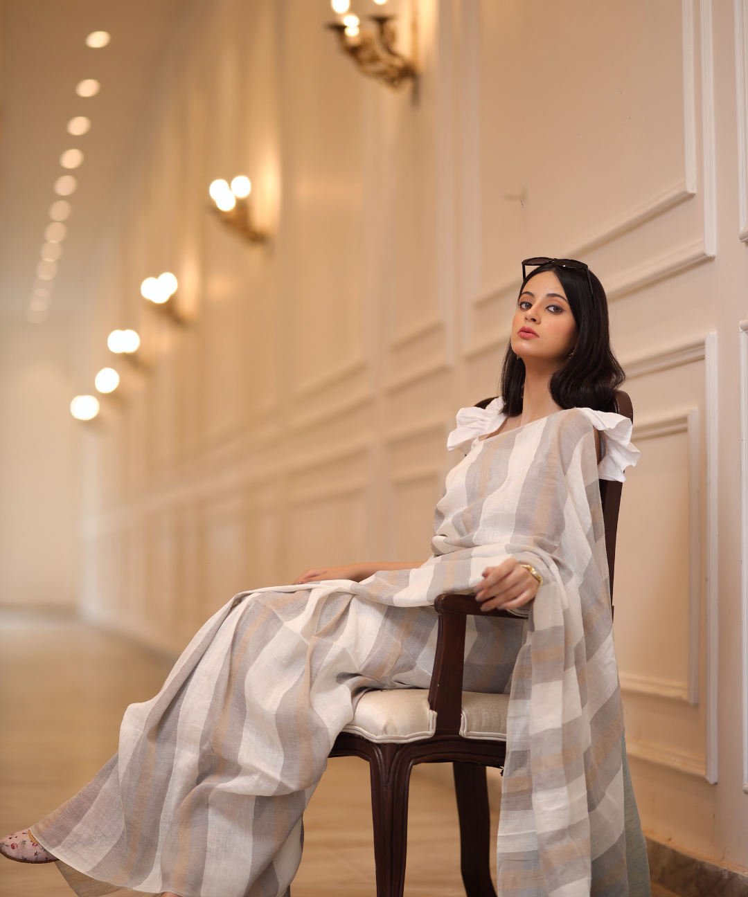 White grey striped handwoven linen saree