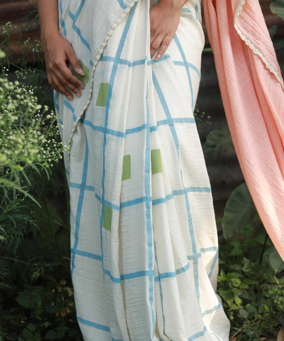 White peach blockprinted fine cotton saree