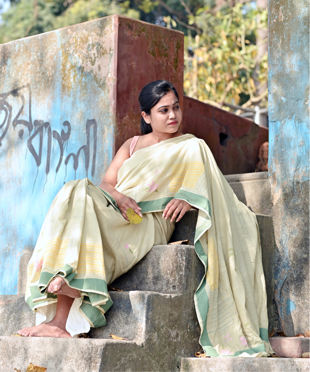Sage green blockprinted fine cotton saree