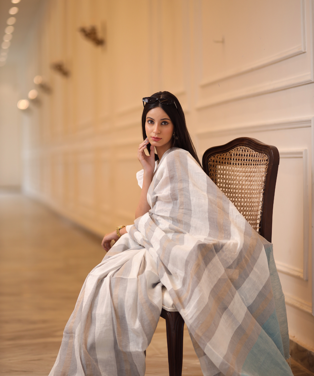 White grey striped handwoven linen saree
