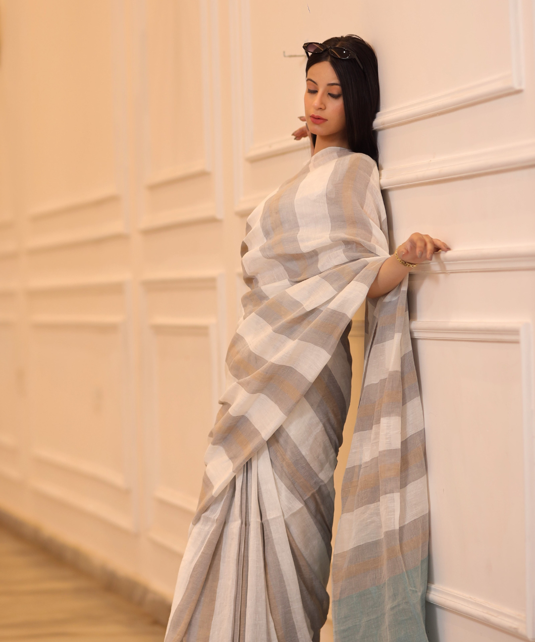 White grey striped handwoven linen saree