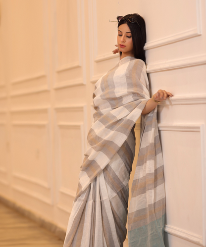 White grey striped handwoven linen saree