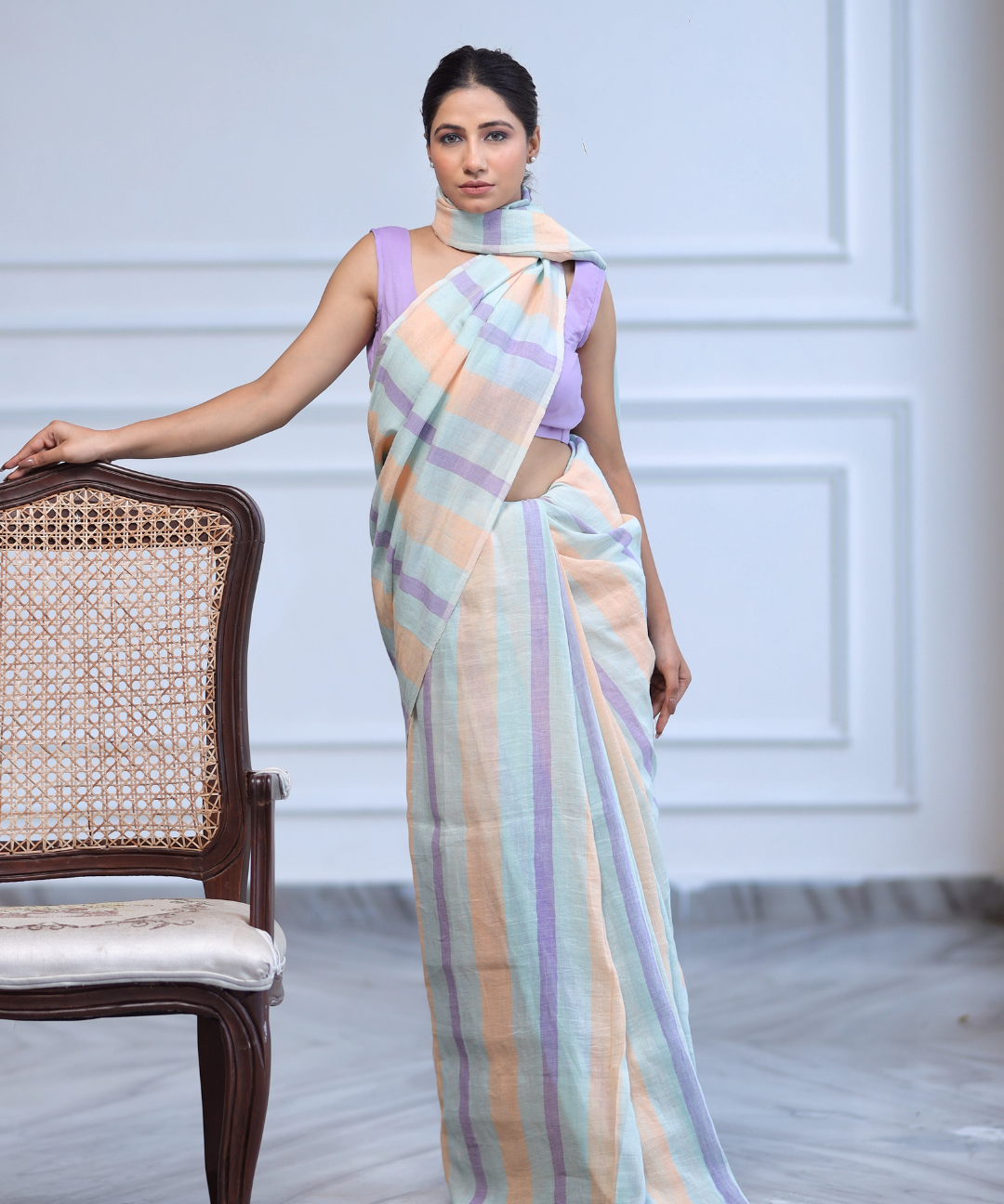 Multicolored striped handwoven linen saree