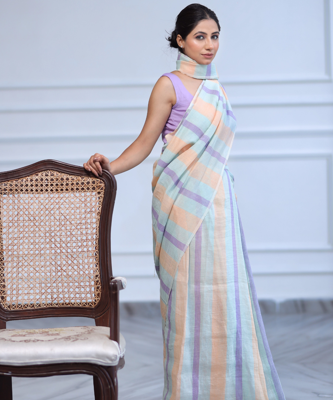 Multicolored striped handwoven linen saree
