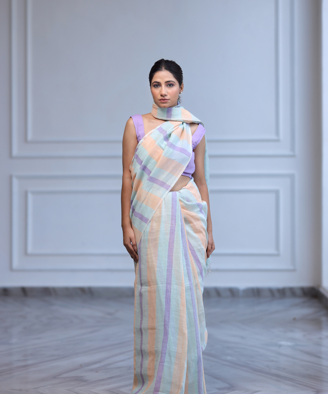 Multicolored striped handwoven linen saree