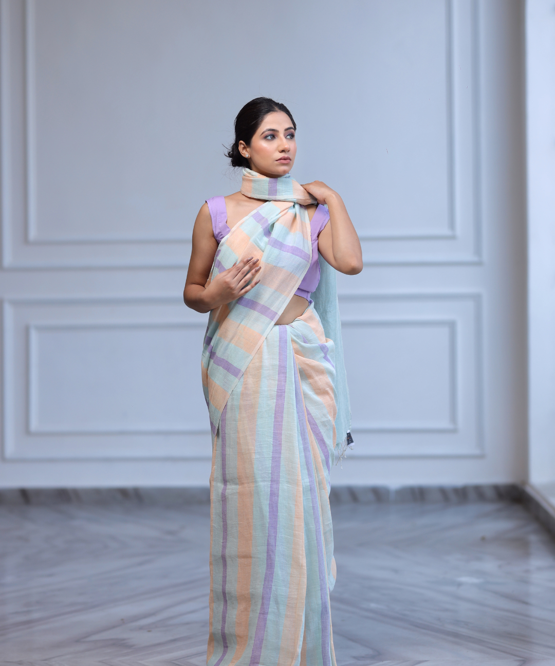 Multicolored striped handwoven linen saree