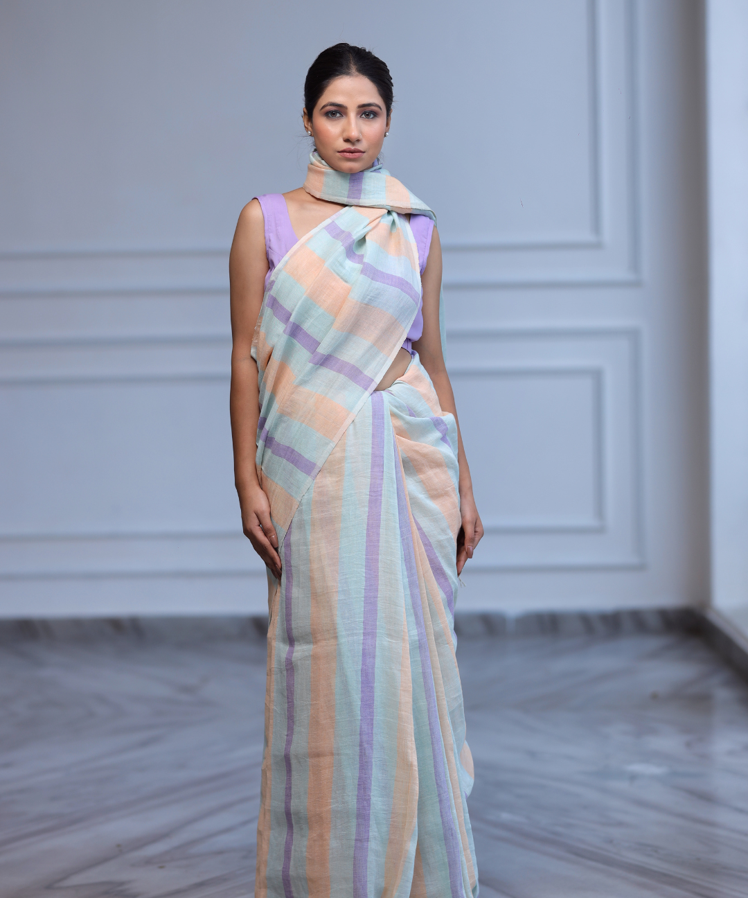 Multicolored striped handwoven linen saree