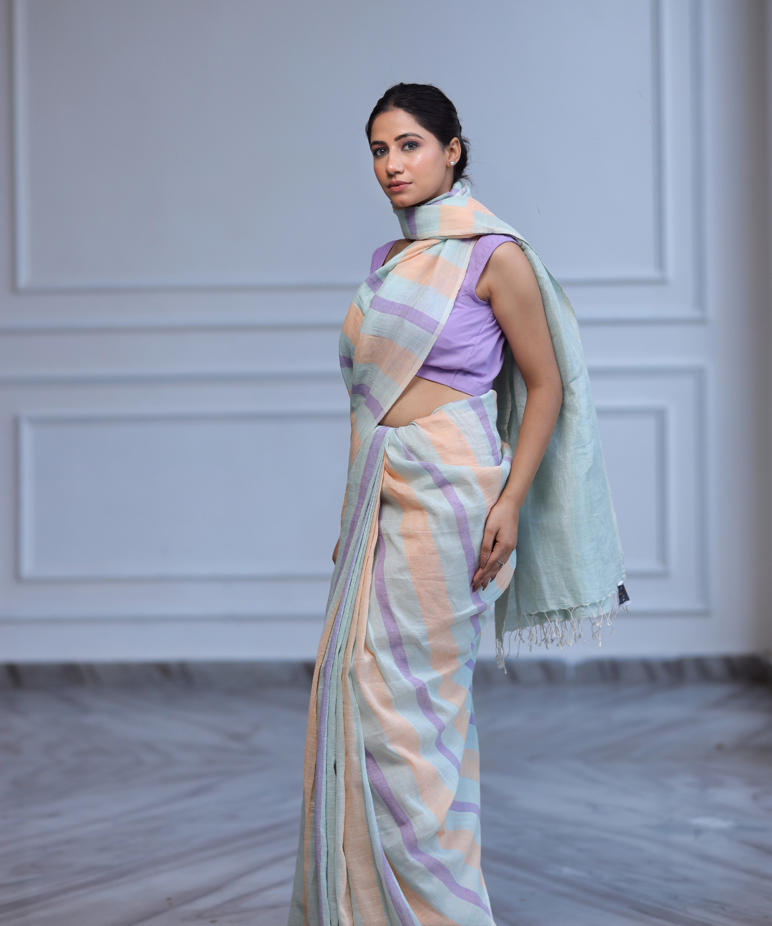 Multicolored striped handwoven linen saree