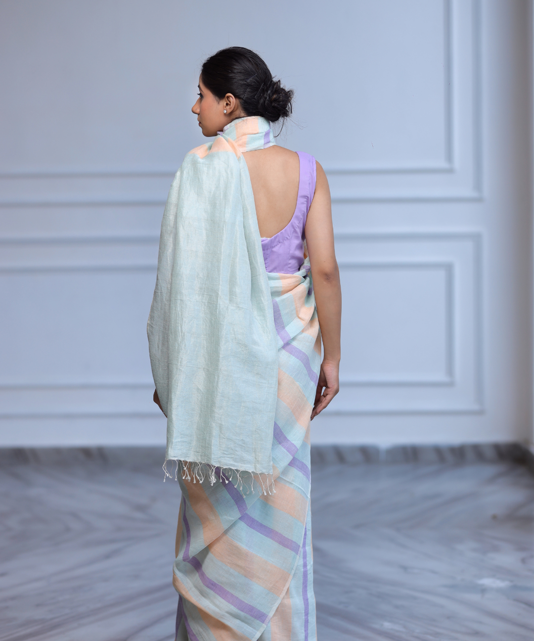 Multicolored striped handwoven linen saree