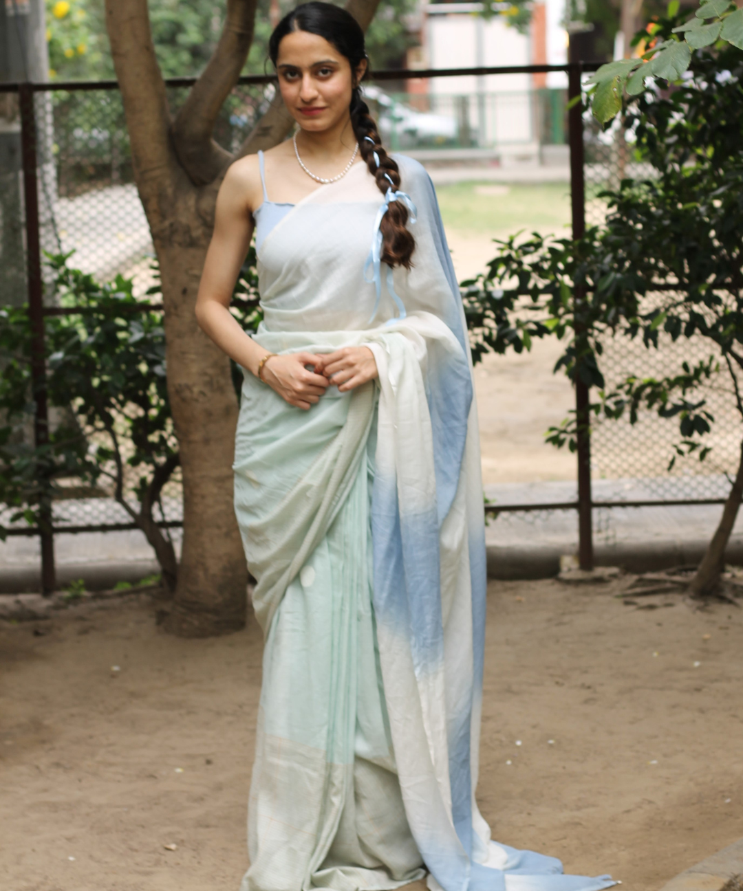 Blue endless summer block printed mulmul saree