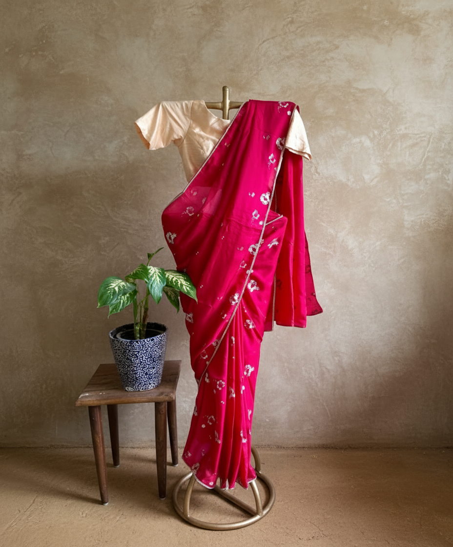 Pink hand blockprinted silk saree