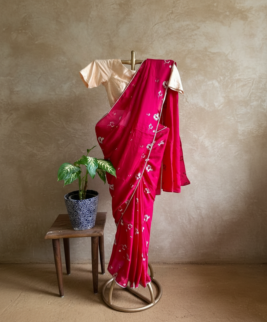 Pink hand blockprinted silk saree