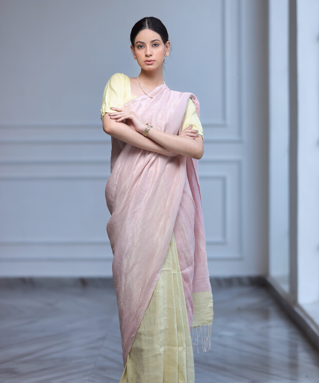 Pink yellow linen zari saree