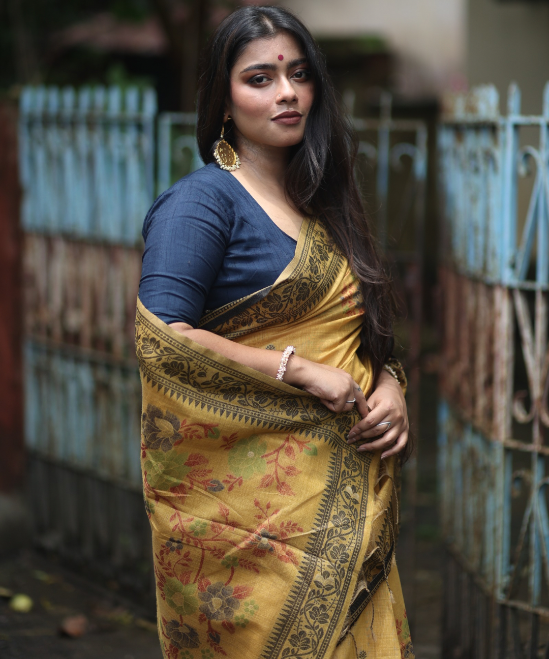 Yellow chanderi cotton jamdani saree