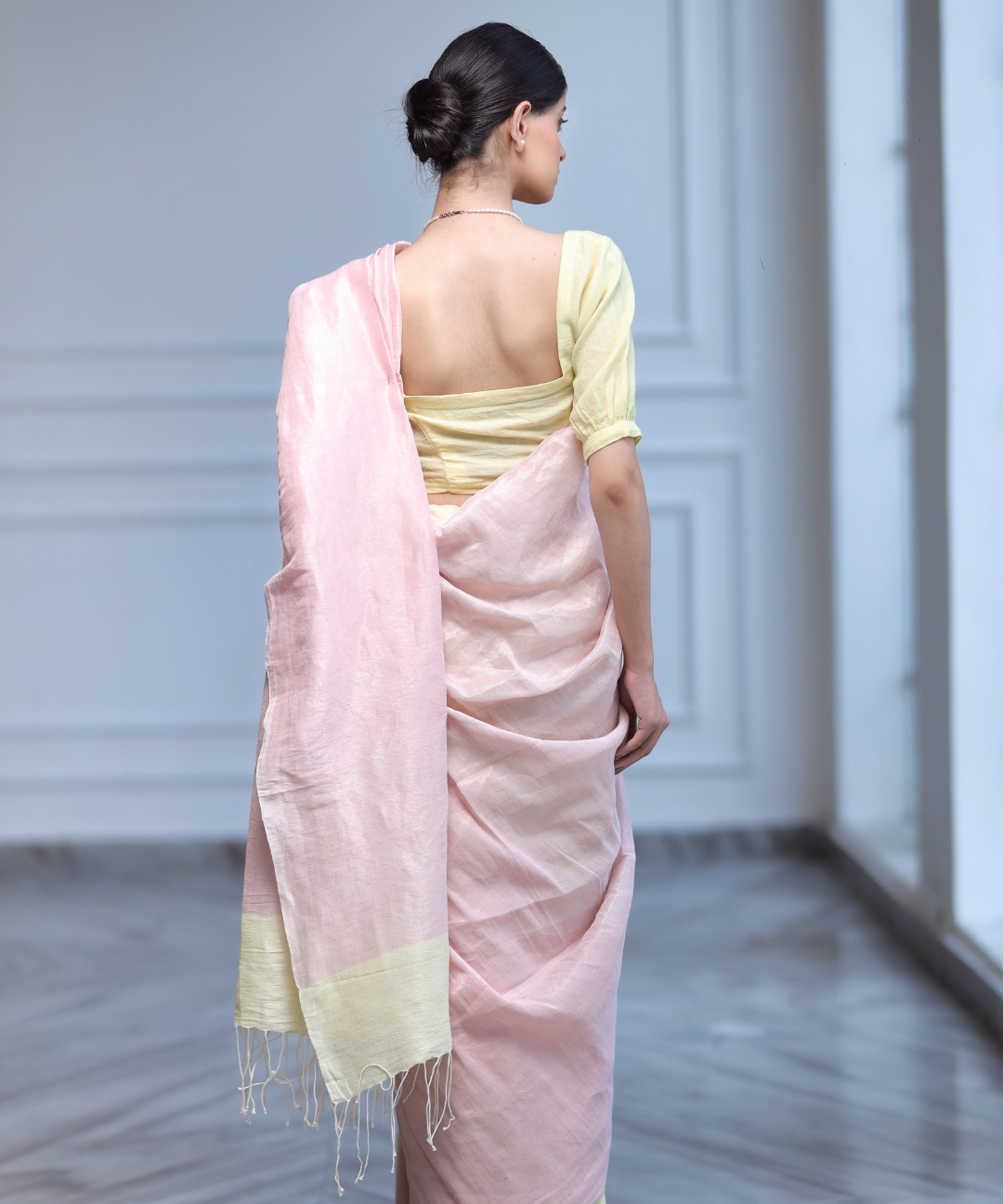Pink yellow linen zari saree