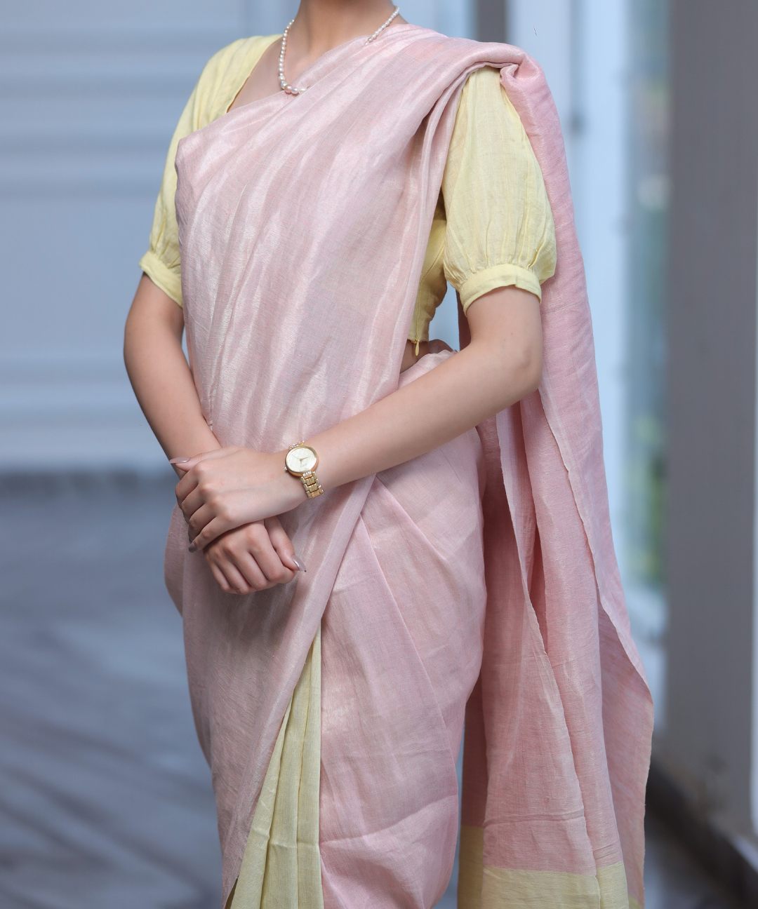 Pink yellow linen zari saree