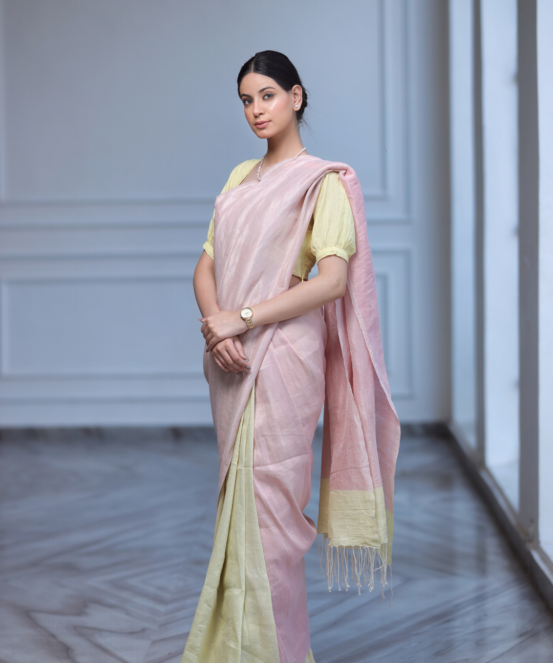 Pink yellow linen zari saree